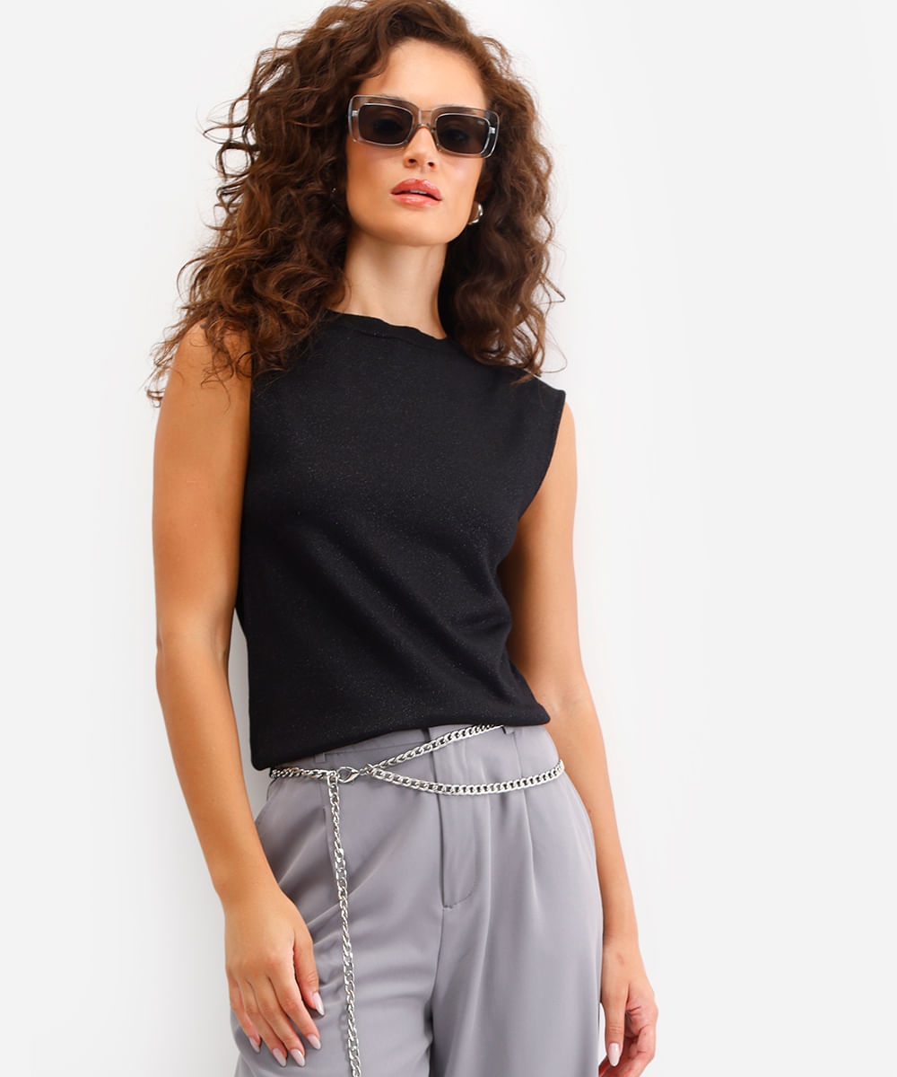 regata feminina de tricot com lurex preta