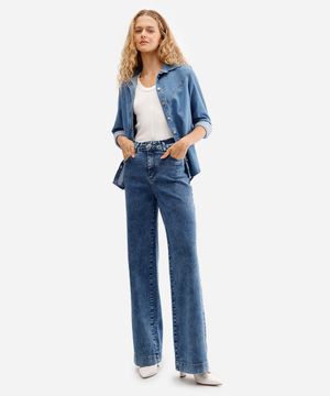 calça wide leg feminina jeans cintura alta sawary azul