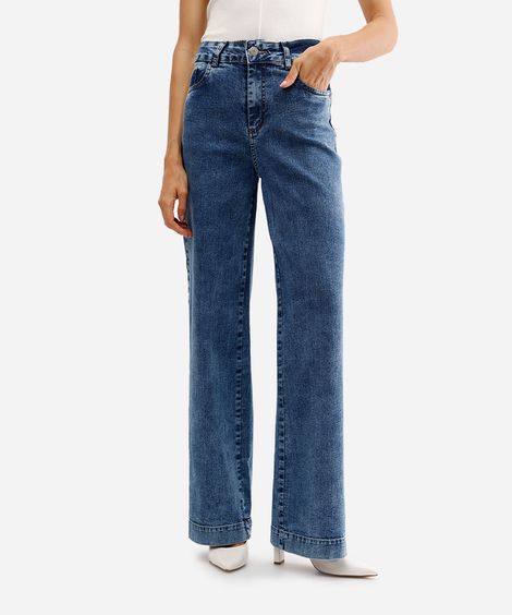 calça wide leg feminina jeans cintura alta sawary azul