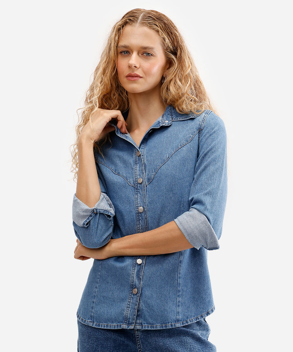 camisa feminina jeans manga longa azul