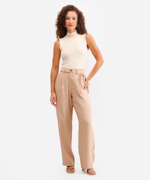 calça wide leg em viscose de alfaiataria com amarração bege