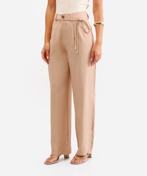 calça wide leg em viscose de alfaiataria com amarração bege