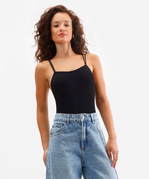 body básico feminino de poliamida canelado preto