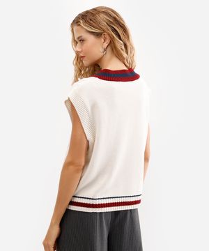 colete feminino de tricot decote v texturizado bege