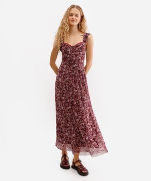 vestido midi feminino de tule floral marrom