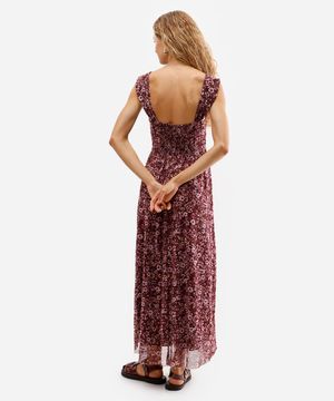 vestido midi feminino de tule floral marrom