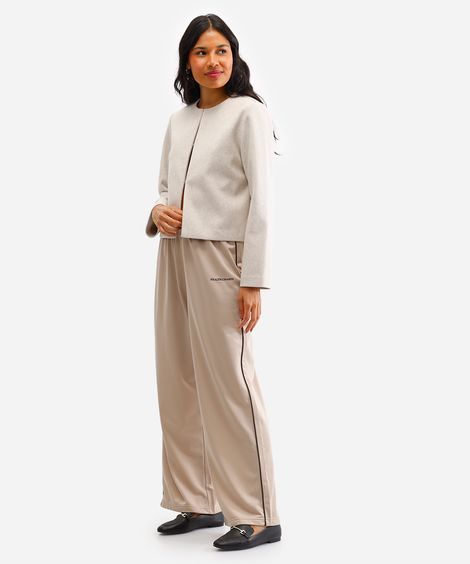 calça wide leg feminina cós elástico bege