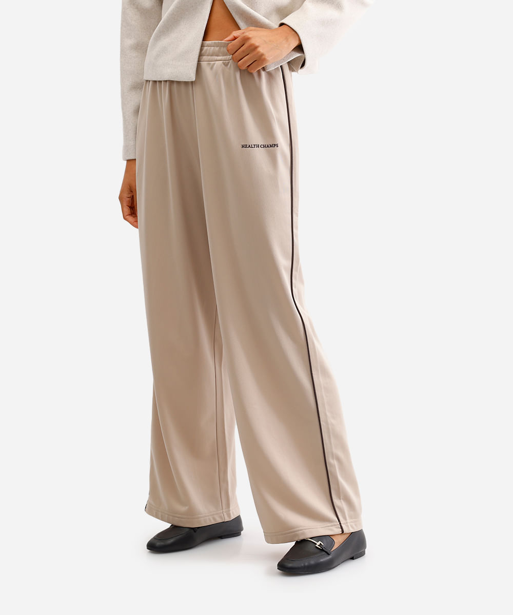 calça wide leg feminina cós elástico bege