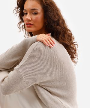 suéter de tricot manga longa com lurex bege