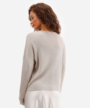 suéter de tricot manga longa com lurex bege