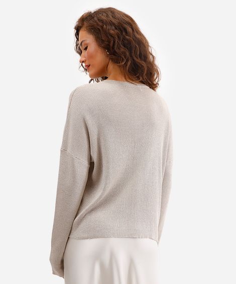 suéter de tricot manga longa com lurex bege