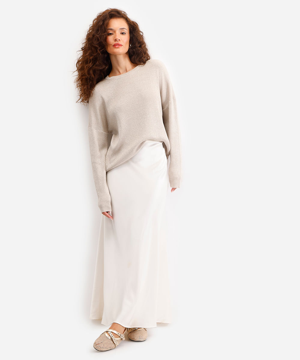 suéter de tricot manga longa com lurex bege