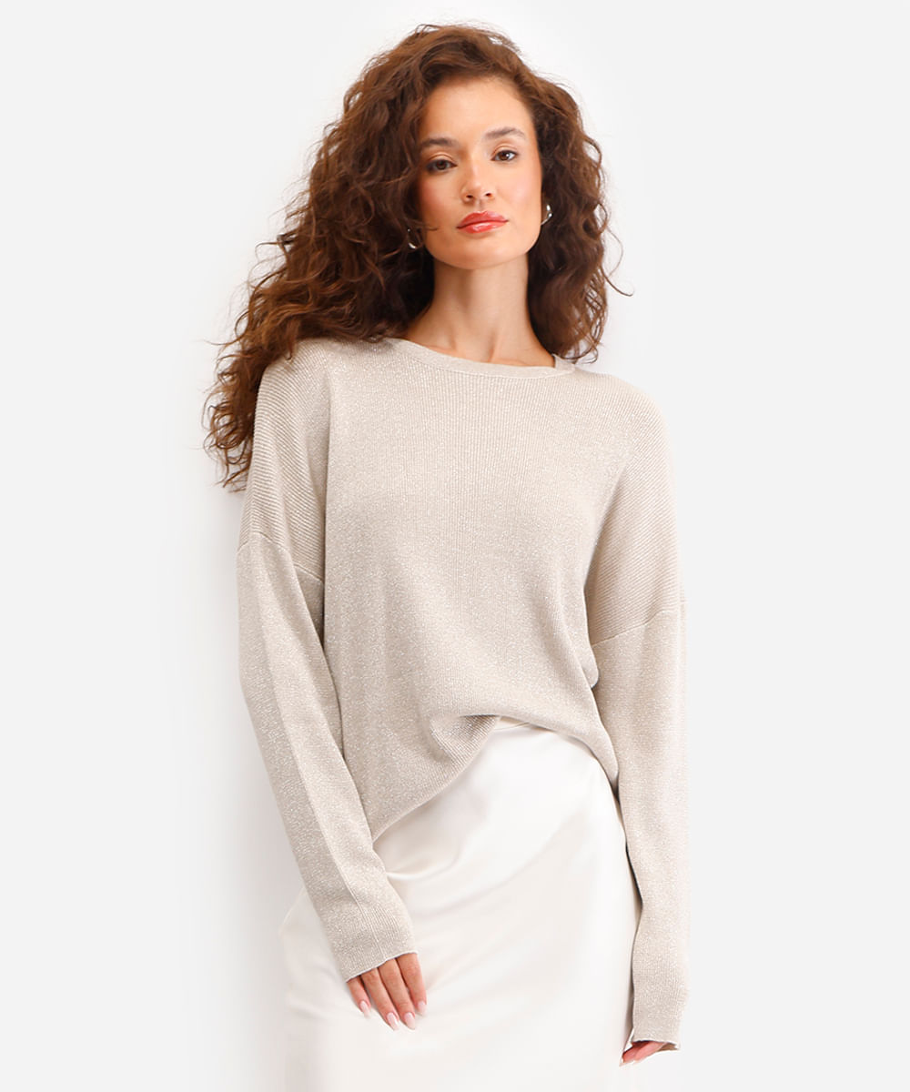suéter de tricot manga longa com lurex bege