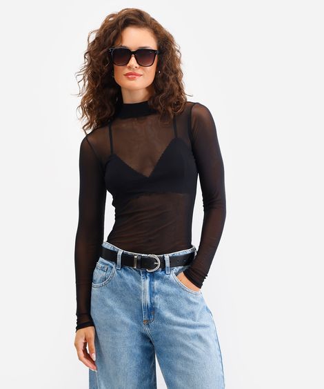 blusa feminina de tule gola alta manga longa preta