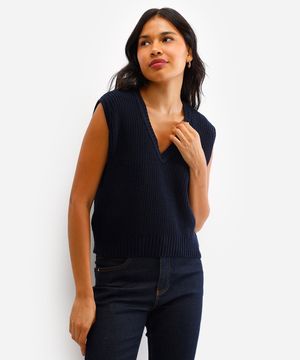 colete de tricot decote v azul