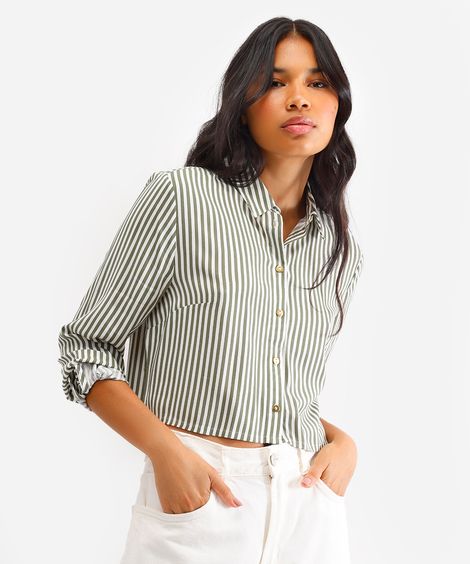 camisa feminina de viscose manga longa listrada verde