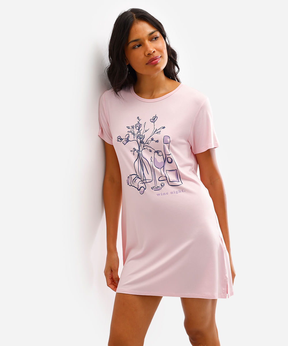 camisola de viscose manga curta estampada rosa