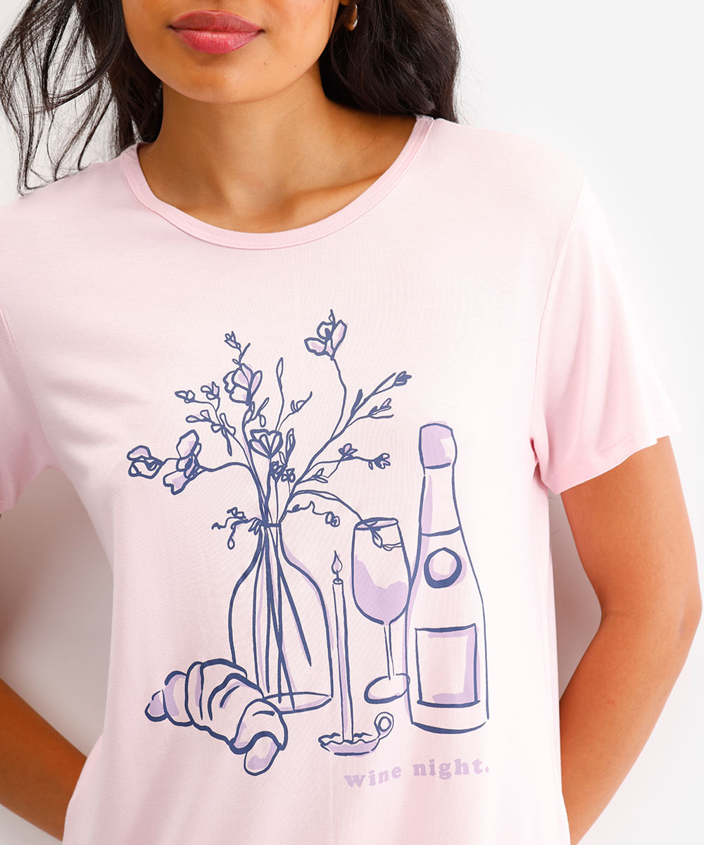 camisola de viscose manga curta estampada rosa