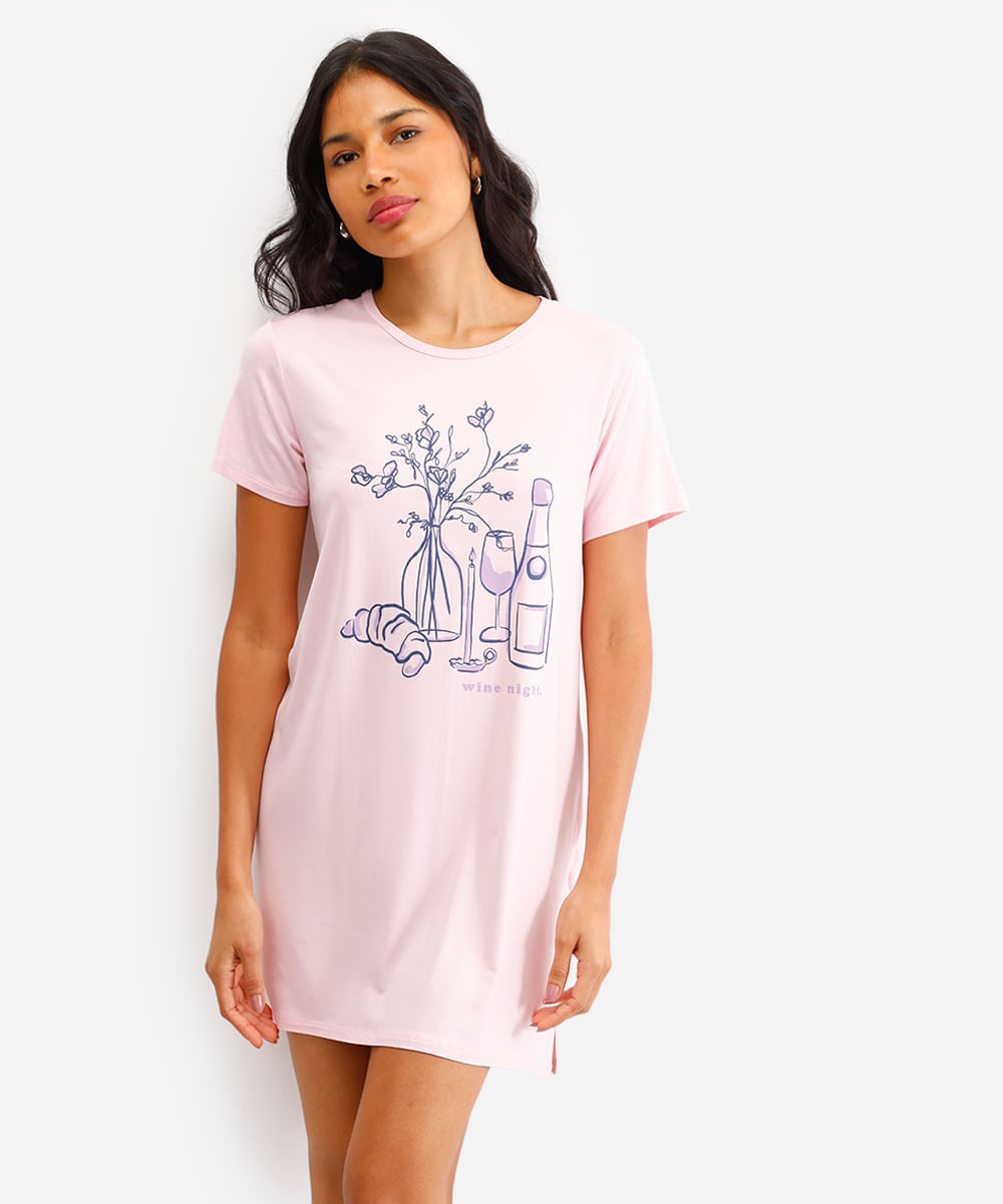 camisola de viscose manga curta estampada rosa