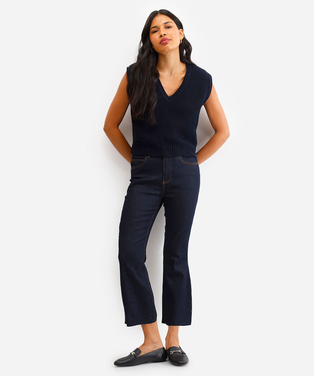 calça flare jeans cropped cintura alta azul