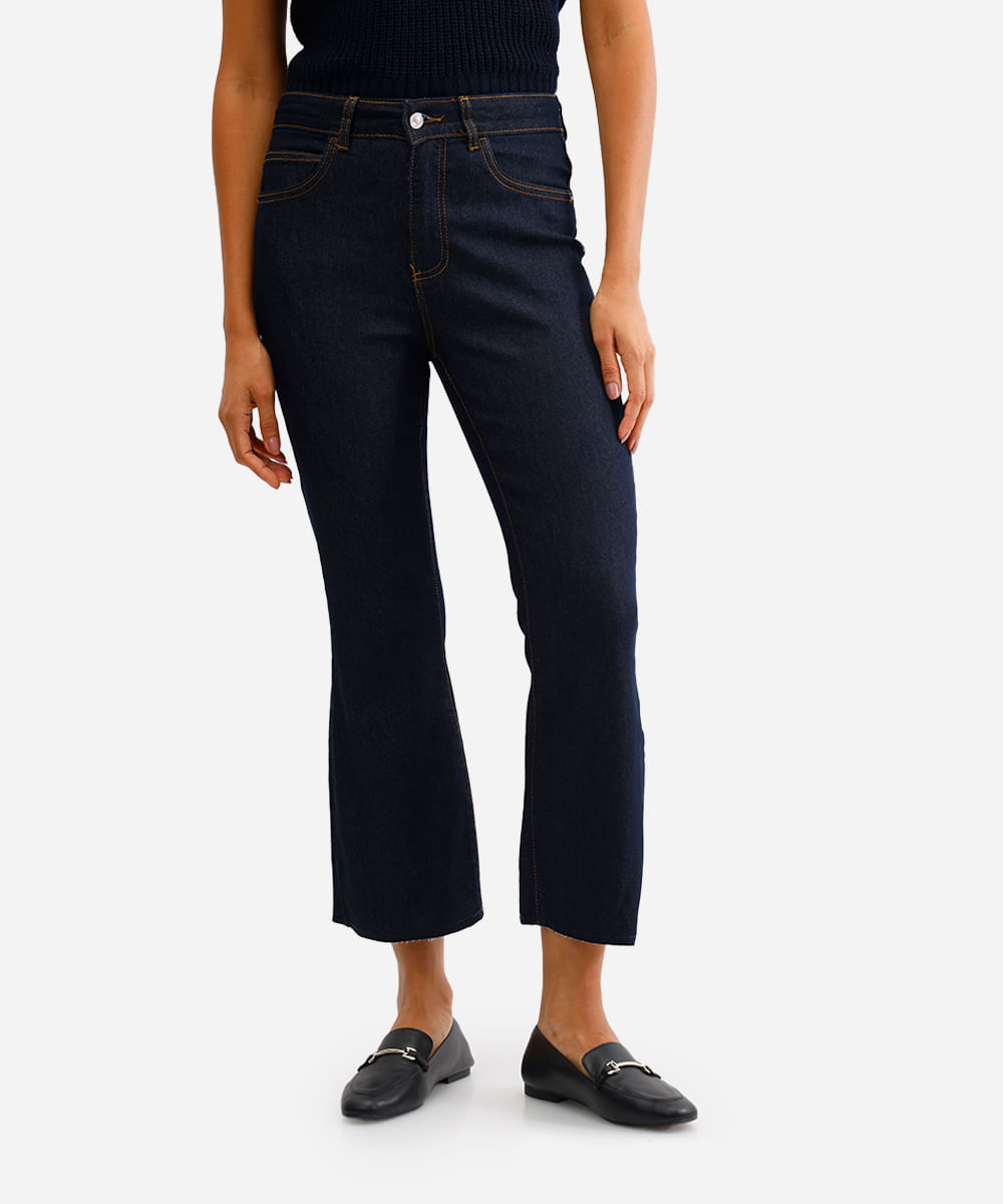 calça flare jeans cropped cintura alta azul