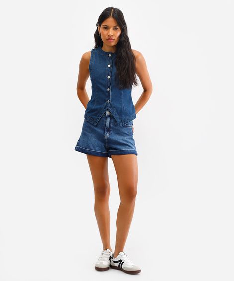 short mom feminino jeans barra dobrada azul
