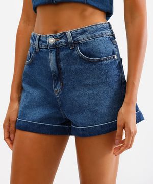 short mom feminino jeans barra dobrada azul