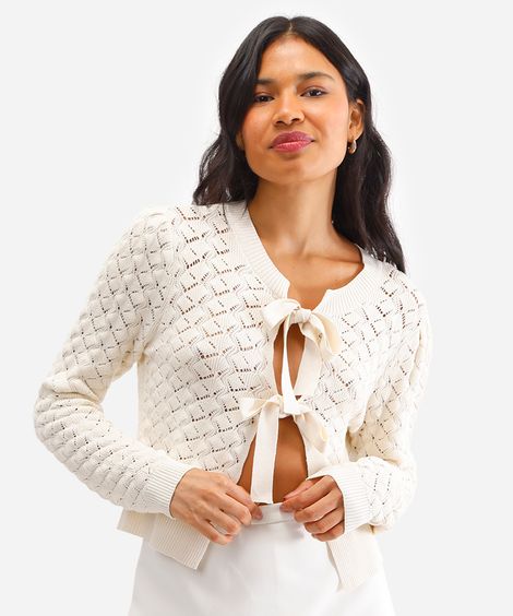cardigan feminino de tricot com amarração bege