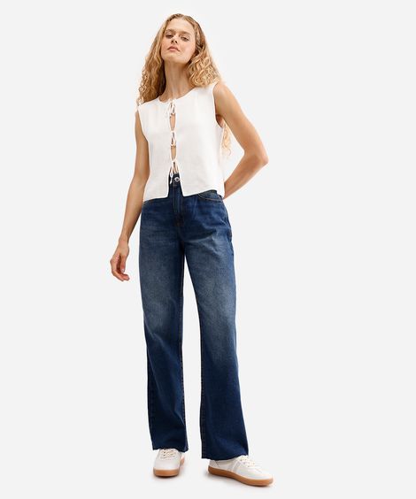 calça wide leg feminina jeans com barra a fio azul