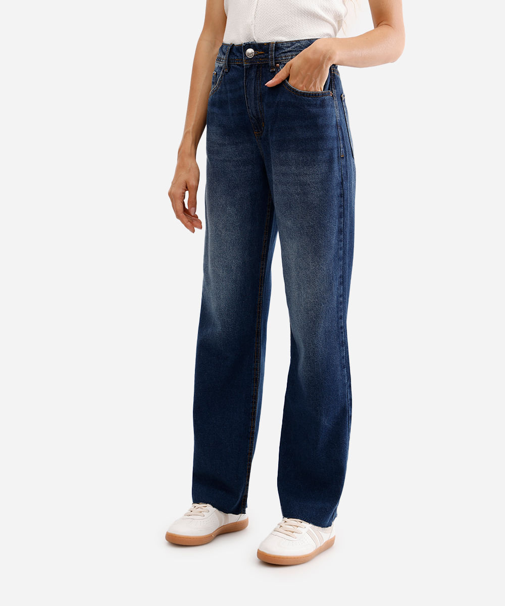 calça wide leg feminina jeans com barra a fio azul