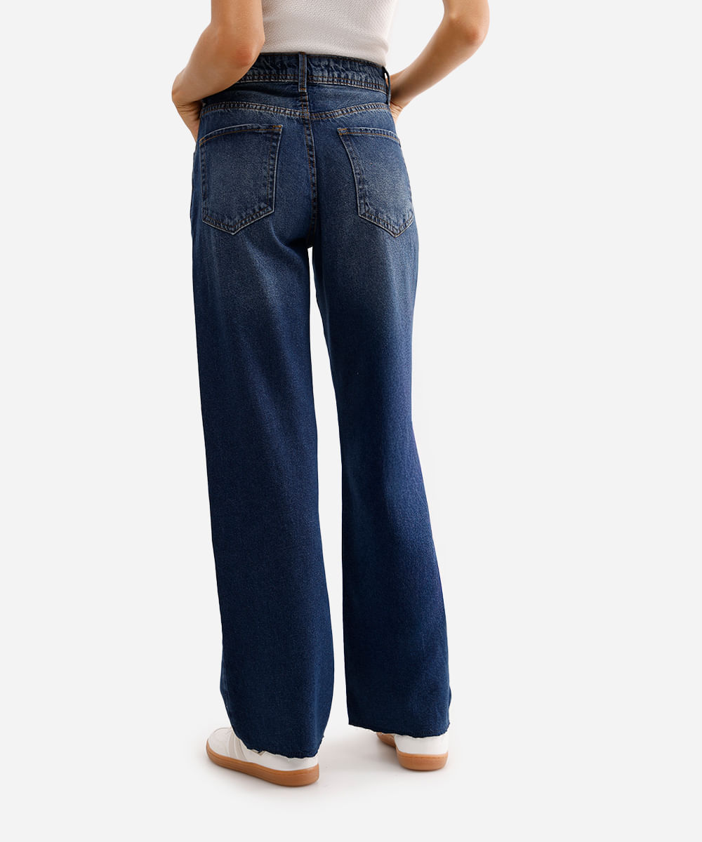calça wide leg feminina jeans com barra a fio azul