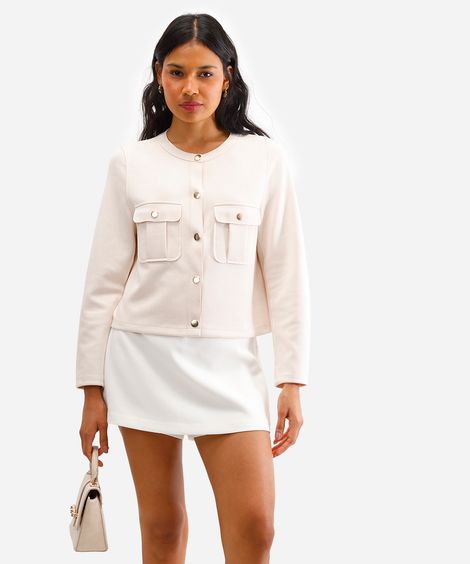 casaqueto feminino de suede com bolsos bege