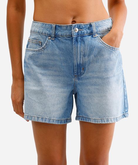 bermuda mom feminina jeans cintura média azul