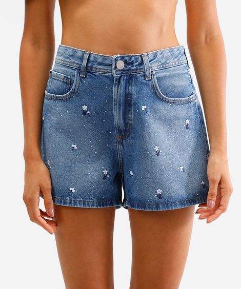 short jeans feminino com bordados e brilhos azul
