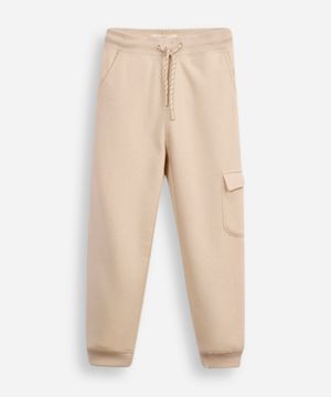 calça jogger infantil de moletom com bolso cargo bege