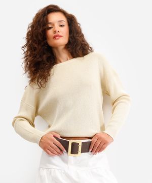 suéter de tricot manga longa com lurex amarelo