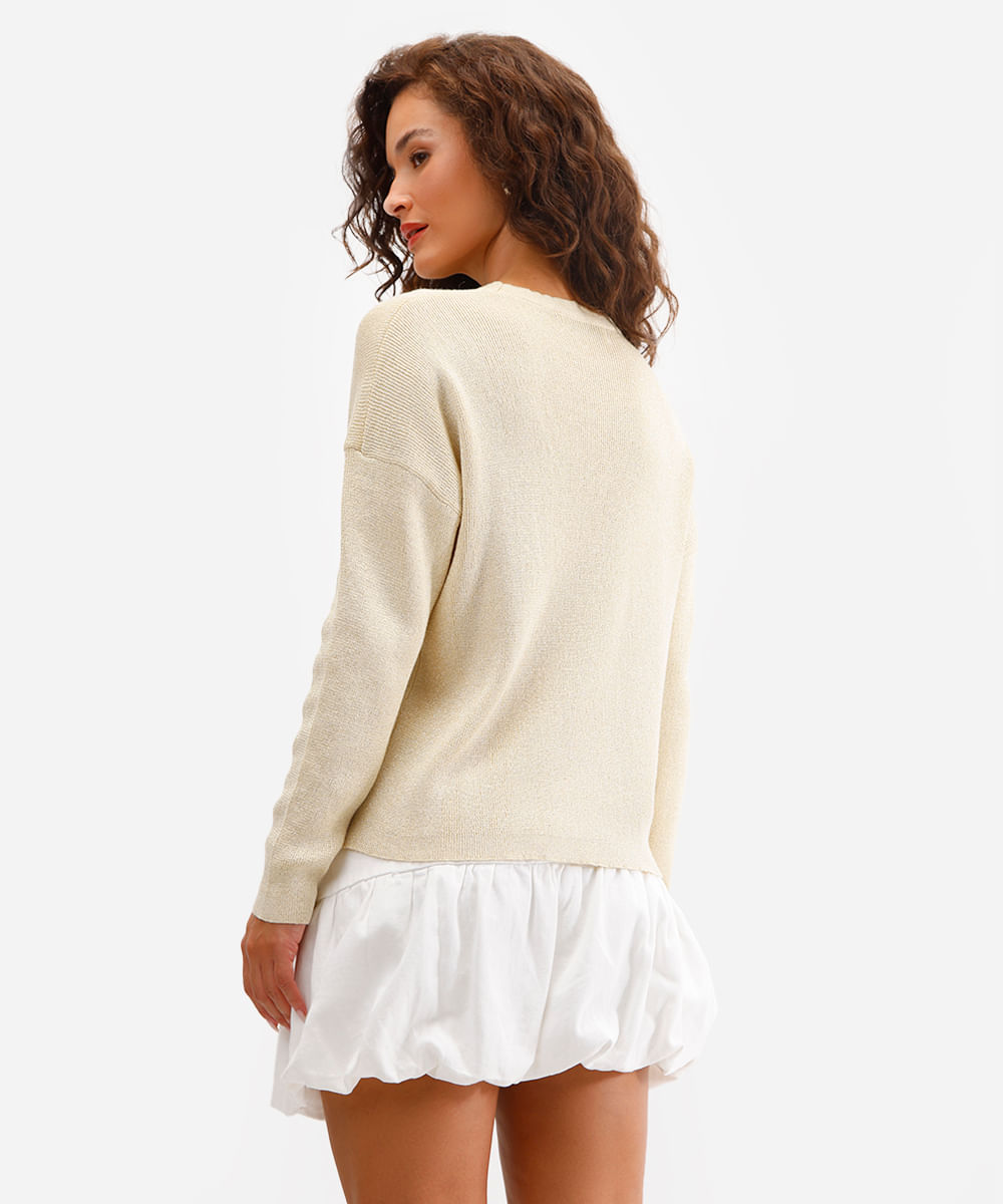 suéter de tricot manga longa com lurex amarelo