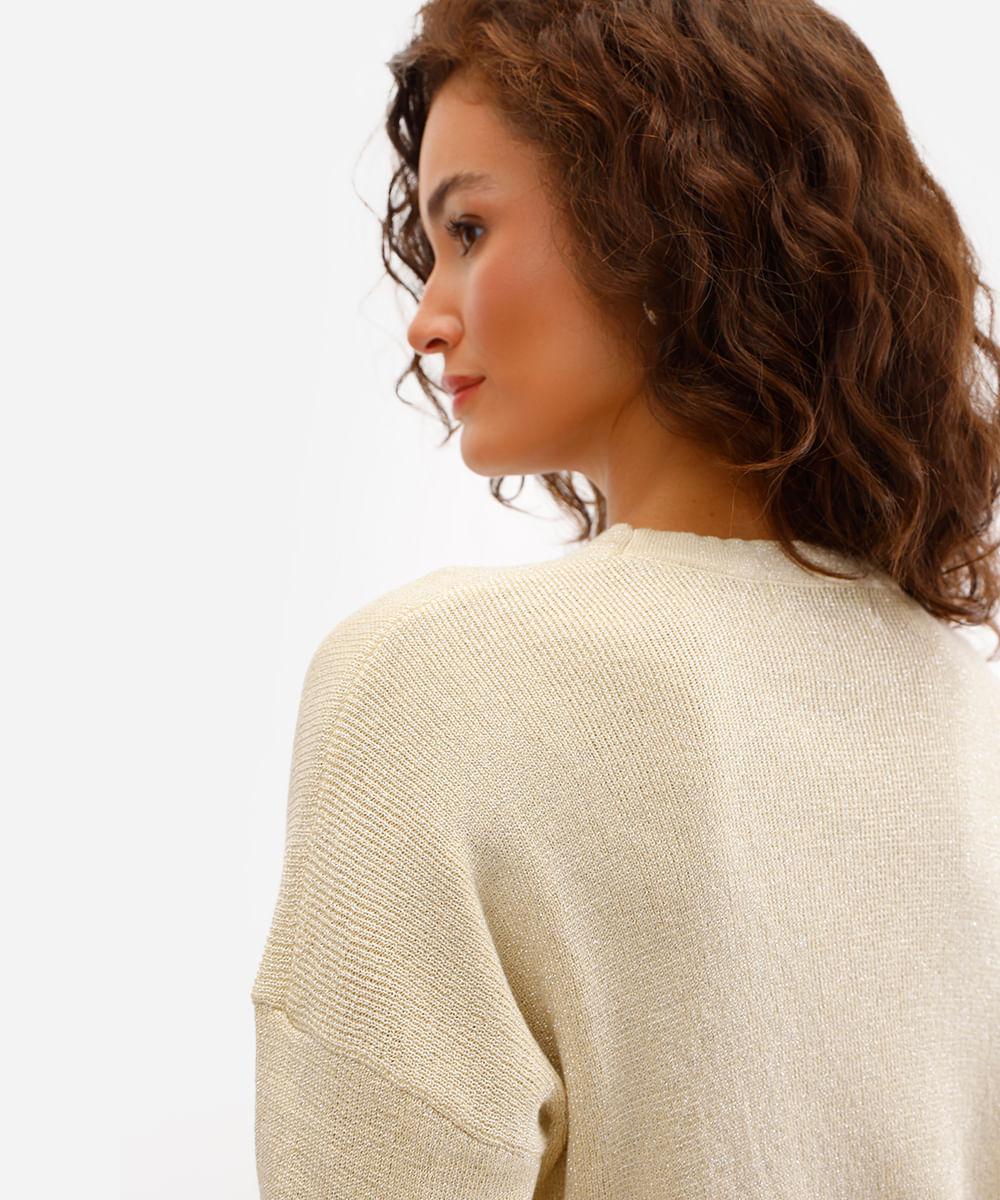 suéter de tricot manga longa com lurex amarelo