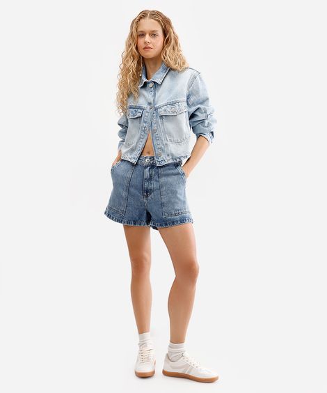 short feminino jeans cintura alta azul