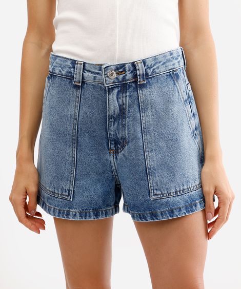 short feminino jeans cintura alta azul