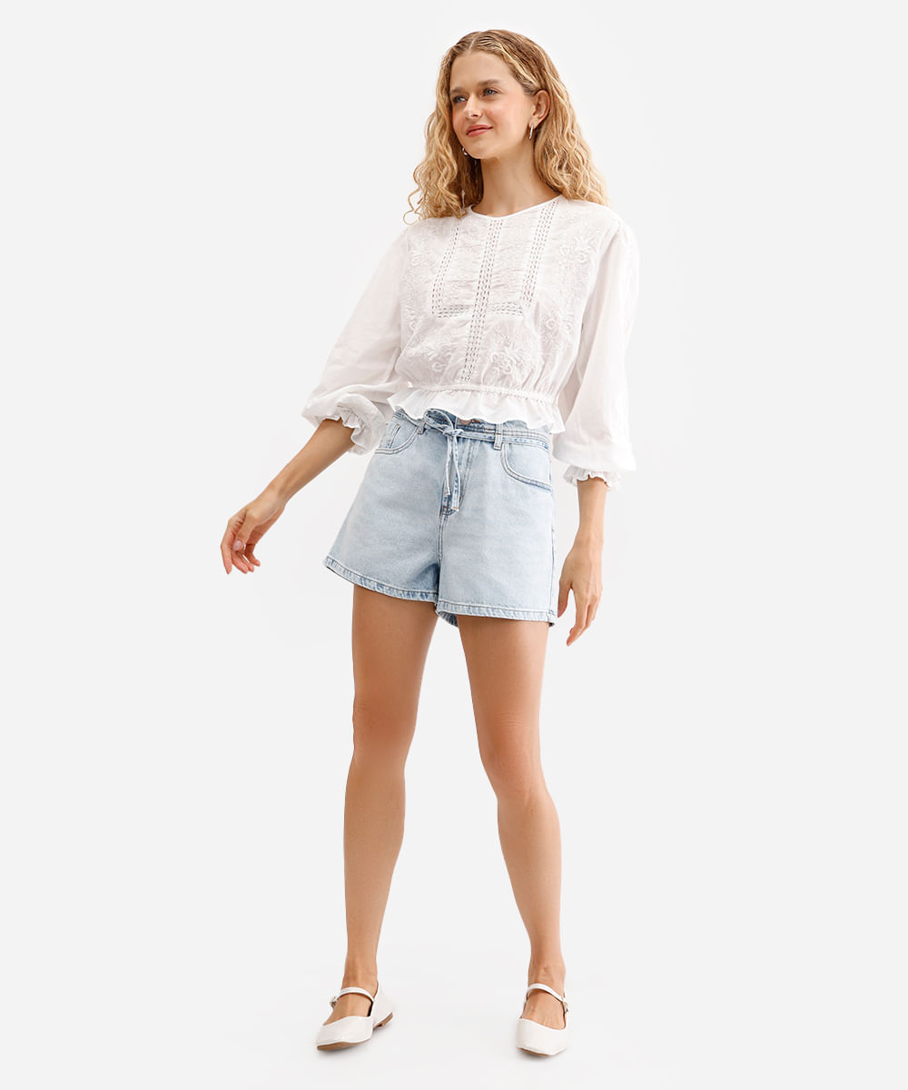 short feminino jeans cintura média azul