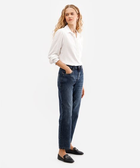calça reta feminina jeans cintura alta azul