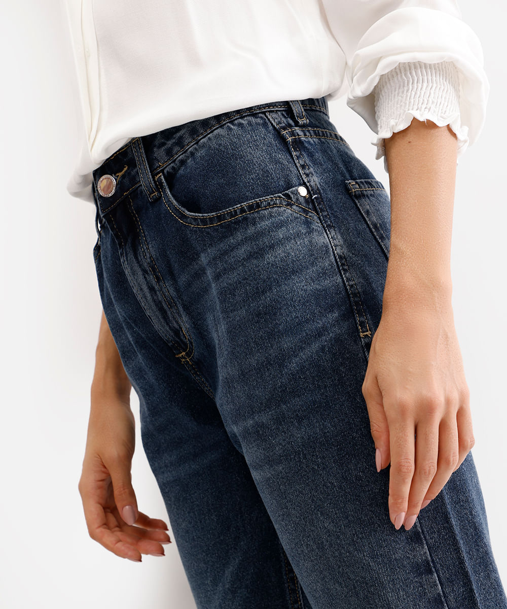 calça reta feminina jeans cintura alta azul