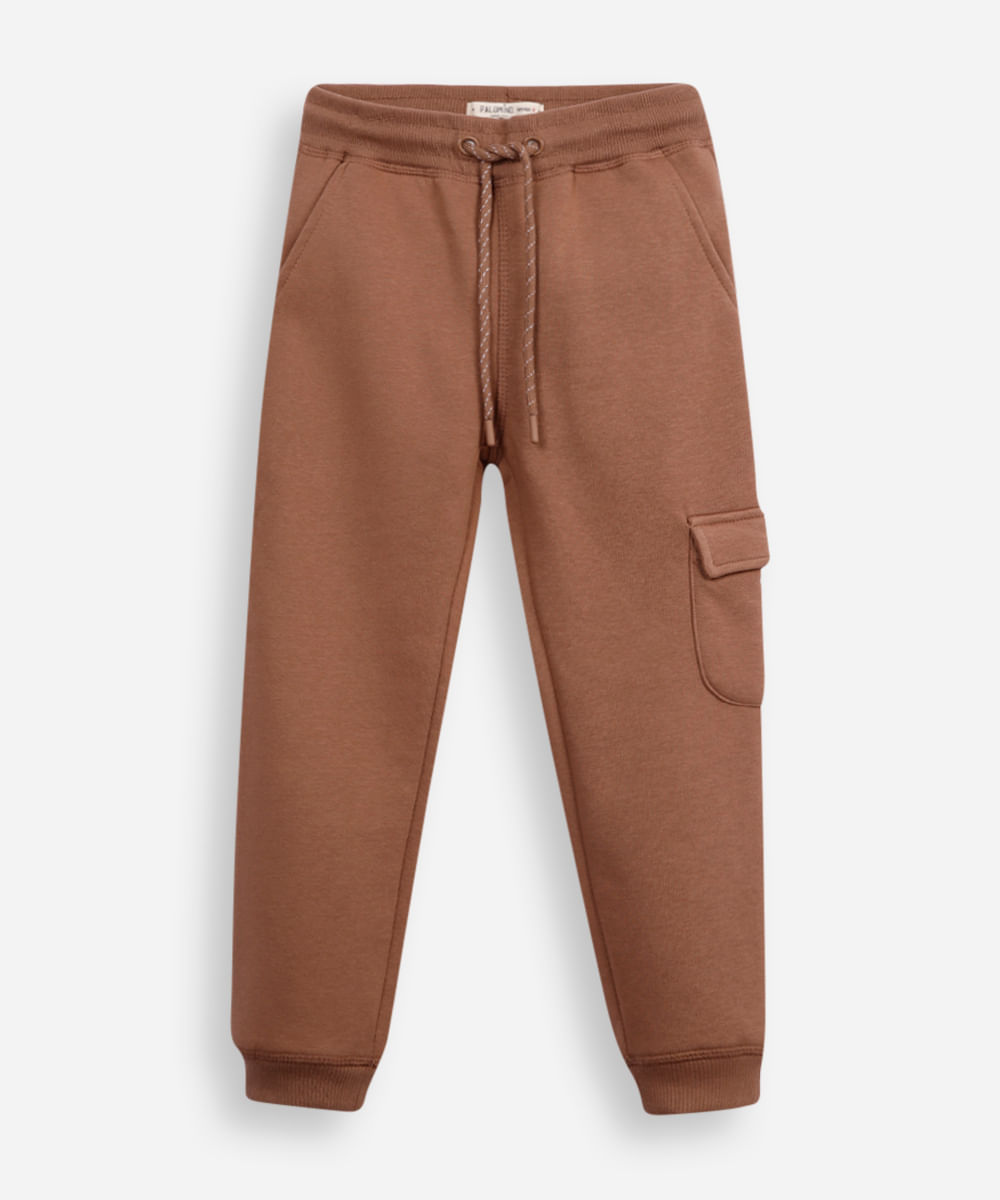 calça jogger infantil de moletom com bolso cargo marrom