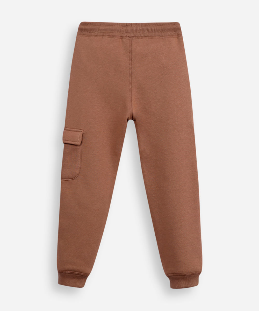 calça jogger infantil de moletom com bolso cargo marrom