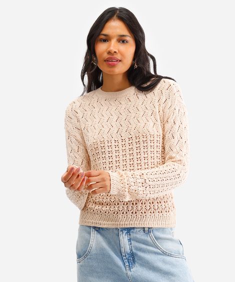 suéter feminino de tricot decote redondo bege
