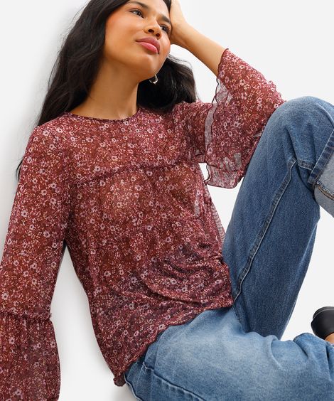 bata feminina de tule floral com franzidos - marrom escuro