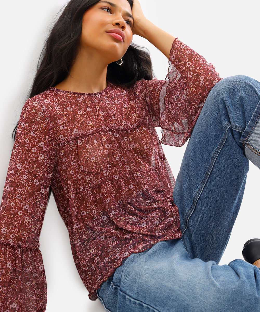 bata feminina de tule floral com franzidos - marrom escuro