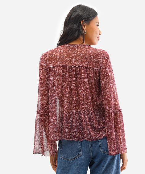 bata feminina de tule floral com franzidos - marrom escuro