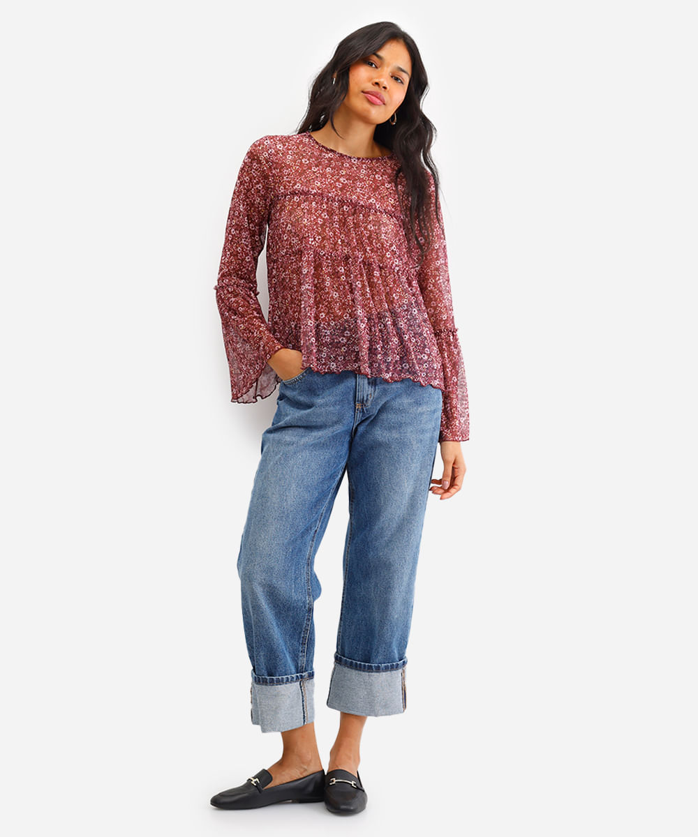 bata feminina de tule floral com franzidos - marrom escuro